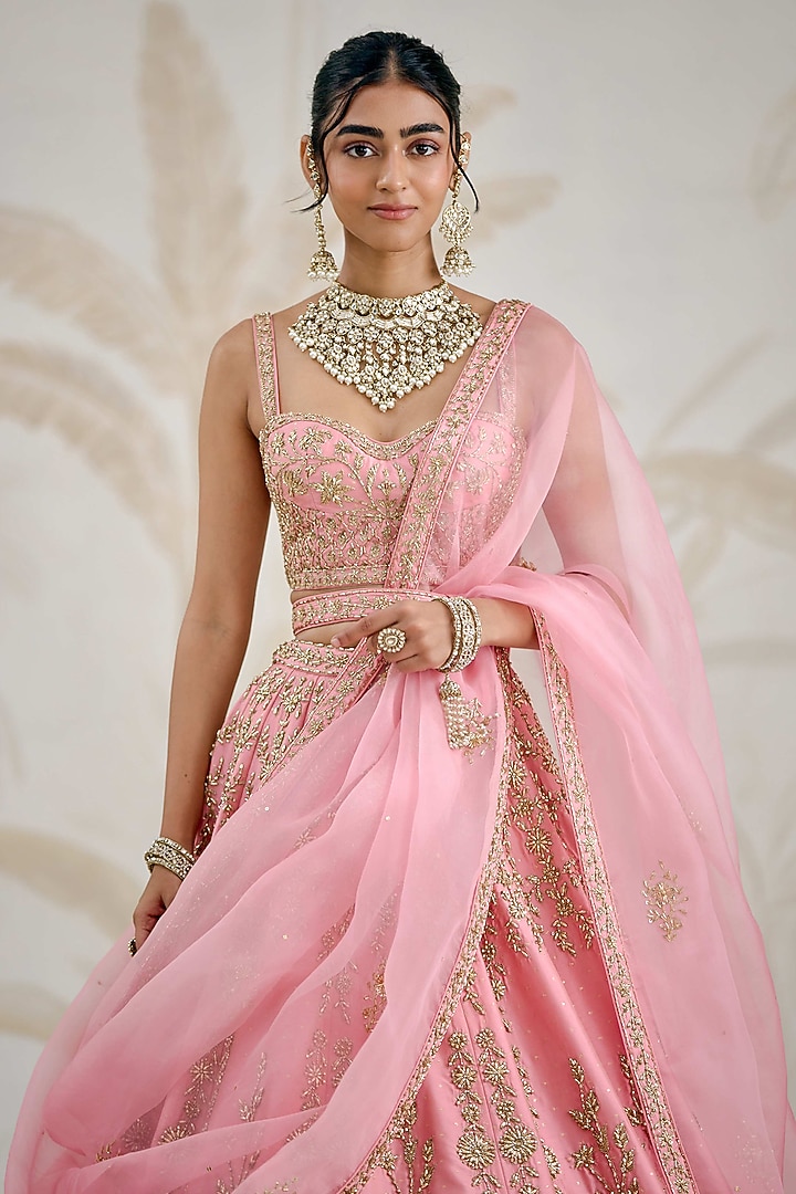 Rose Pink Raw Silk Zardosi Hand Embroidered Bridal Lehenga Set by Shyam Narayan Prasad at Pernia's Pop Up Shop