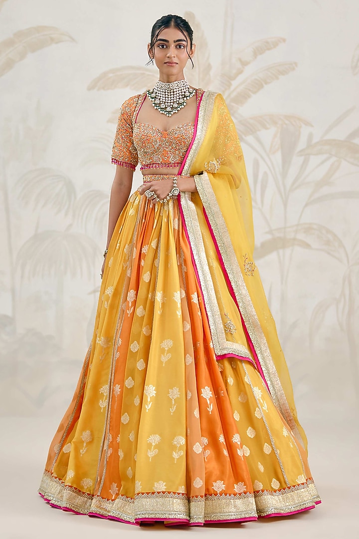 Multi-Colored Banarasi Georgette Zardosi Embroidered Wedding Lehenga Set by Shyam Narayan Prasad at Pernia's Pop Up Shop