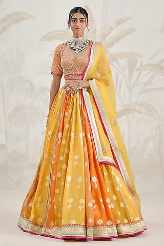 Multi-Colored Banarasi Georgette Zardosi Embroidered Lehenga Set by Shyam Narayan Prasad