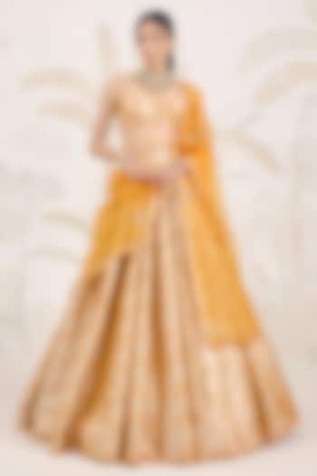 Mustard Yellow Banarasi Silk Brocade Pleated Wedding Lehenga Set by Shyam Narayan Prasad at Pernia's Pop Up Shop