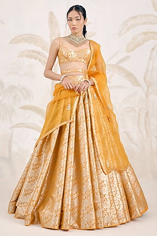 Mustard Yellow Banarasi Silk Brocade Pleated Lehenga Set by Shyam Narayan Prasad
