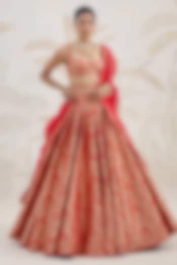 Ribbon Red Banarasi Silk Brocade Pleated Wedding Lehenga Set by Shyam Narayan Prasad at Pernia's Pop Up Shop