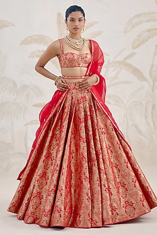 Ribbon Red Banarasi Silk Brocade Pleated Lehenga Set by Shyam Narayan Prasad