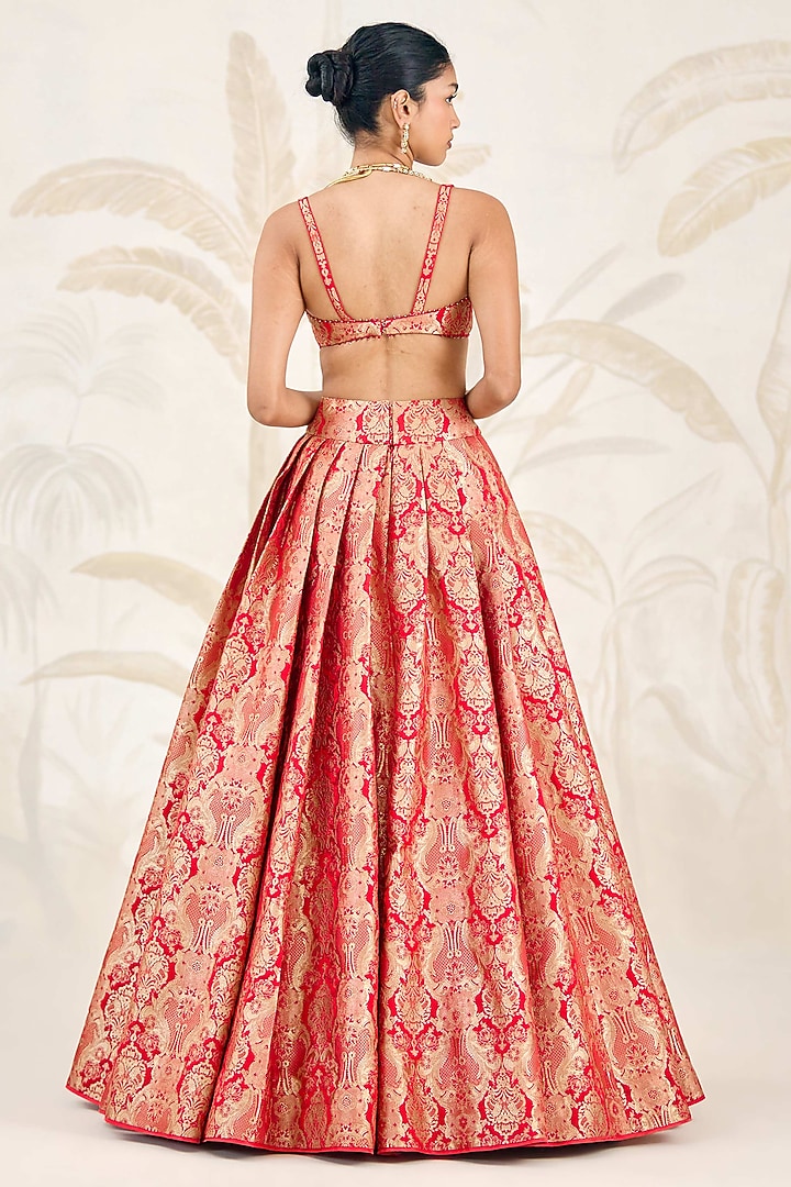 Ribbon Red Banarasi Silk Brocade Pleated Wedding Lehenga Set by Shyam Narayan Prasad at Pernia's Pop Up Shop