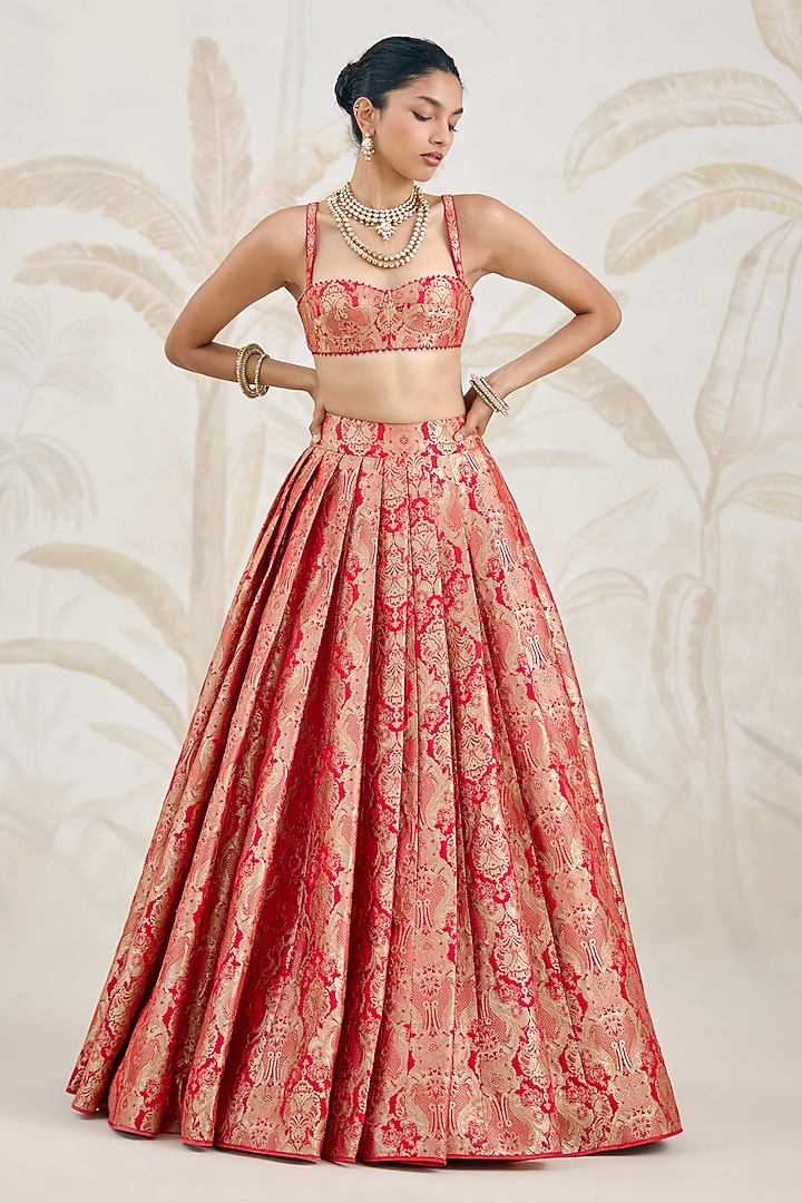 Ribbon Red Banarasi Silk Brocade Pleated Wedding Lehenga Set by Shyam Narayan Prasad at Pernia's Pop Up Shop