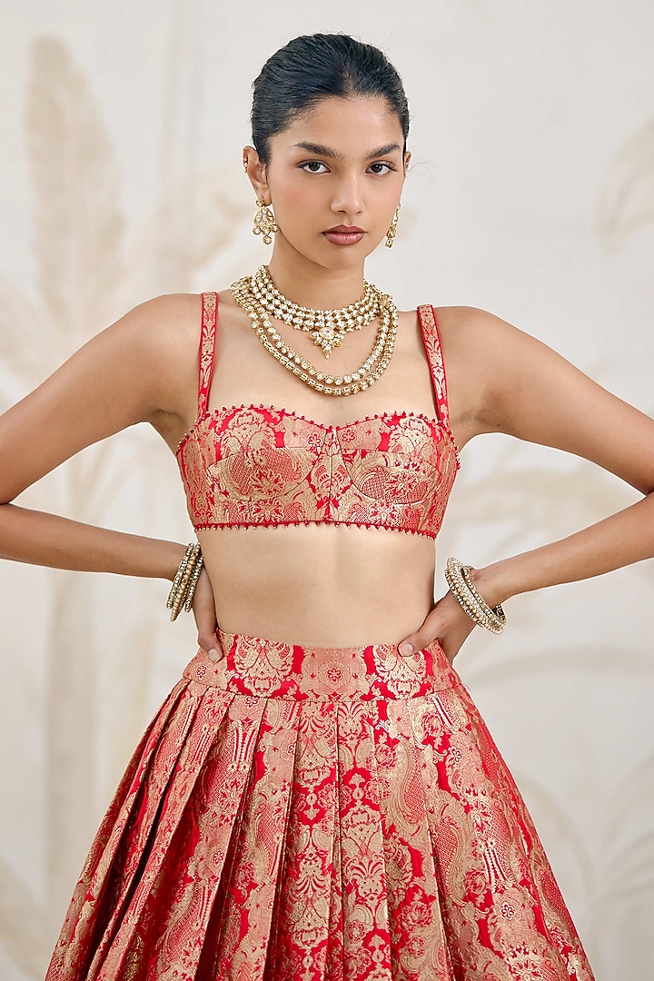 Ribbon Red Banarasi Silk Brocade Pleated Wedding Lehenga Set by Shyam Narayan Prasad at Pernia's Pop Up Shop