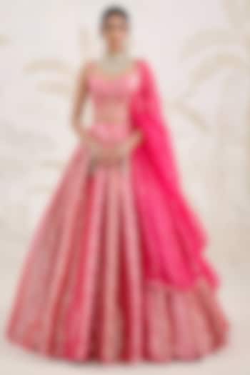 Fuchsia Pink-Red Banarasi Silk Brocade Pleated Wedding Lehenga Set by Shyam Narayan Prasad at Pernia's Pop Up Shop