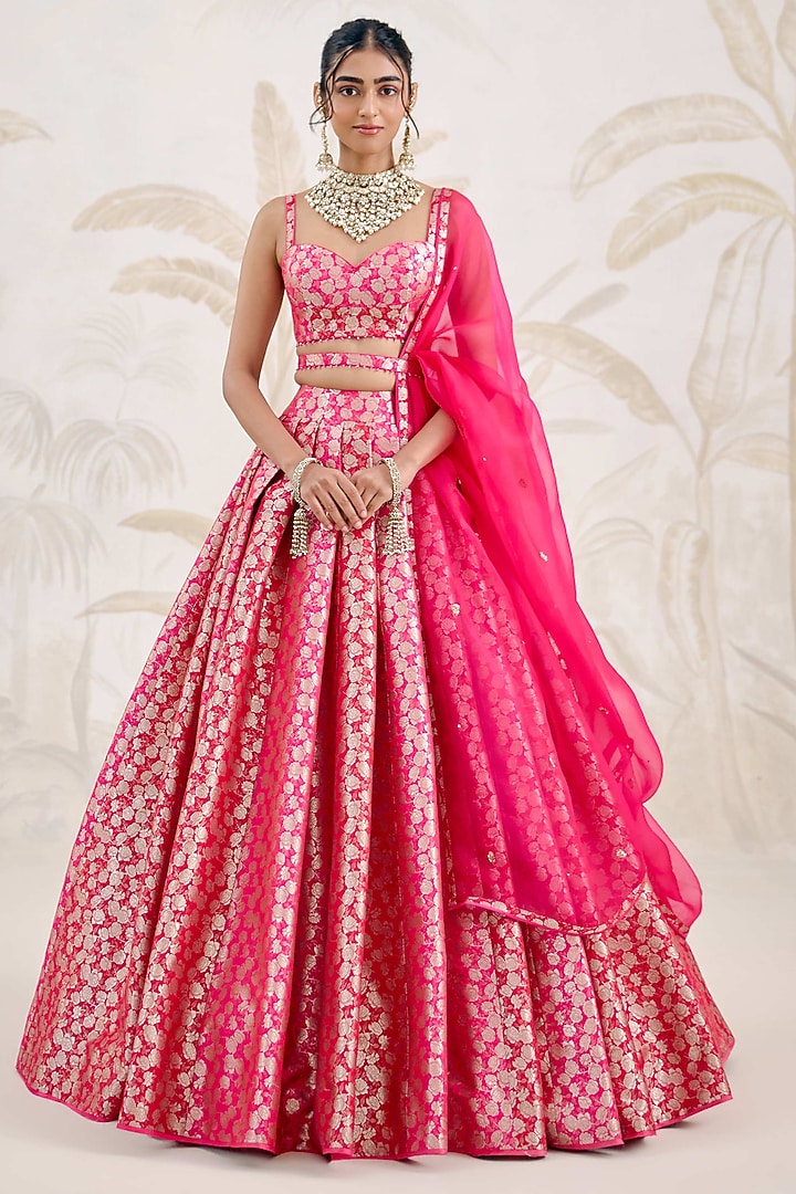 Fuchsia Pink-Red Banarasi Silk Brocade Pleated Wedding Lehenga Set by Shyam Narayan Prasad at Pernia's Pop Up Shop