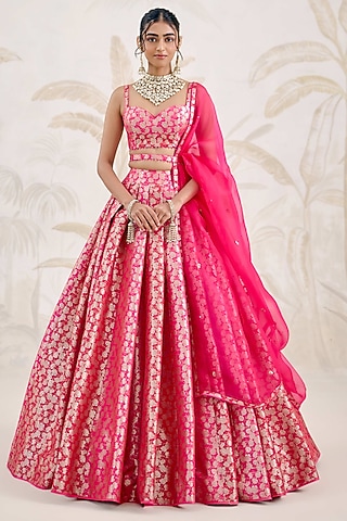 Fuchsia Pink-Red Banarasi Silk Brocade Pleated Lehenga Set by Shyam Narayan Prasad