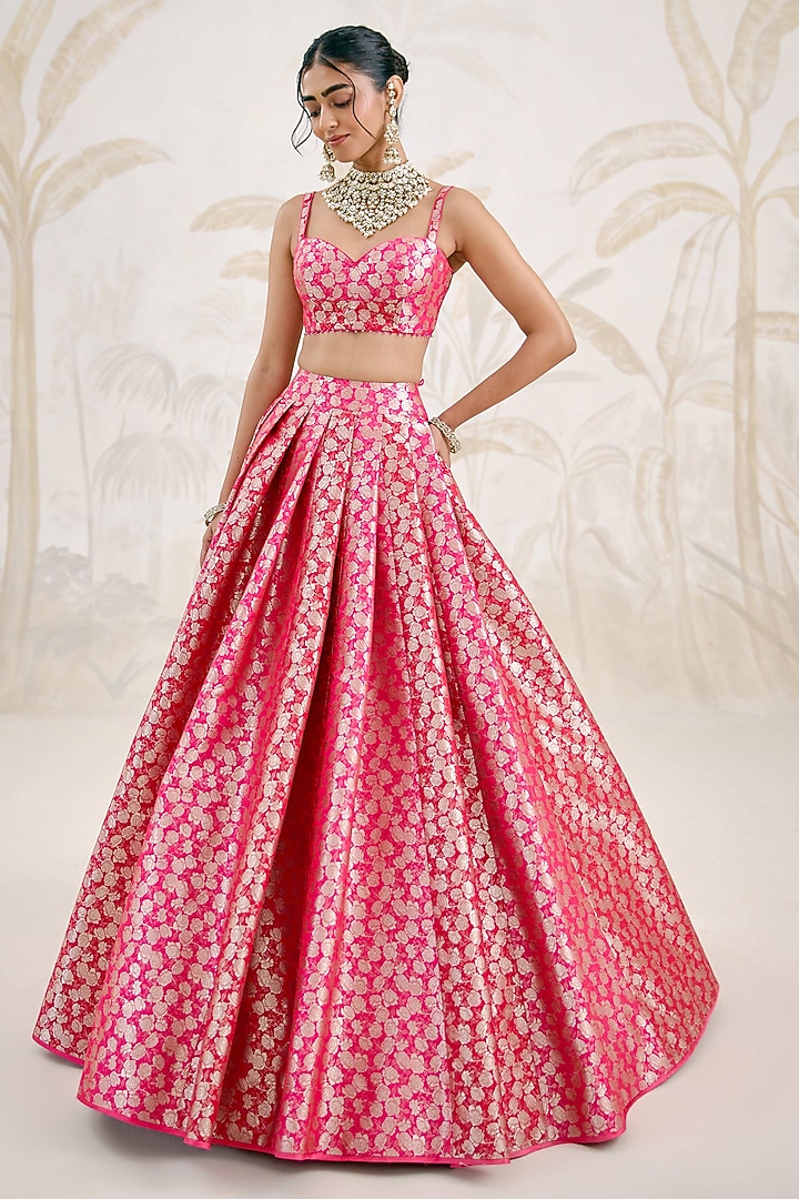 Fuchsia Pink-Red Banarasi Silk Brocade Pleated Wedding Lehenga Set by Shyam Narayan Prasad at Pernia's Pop Up Shop