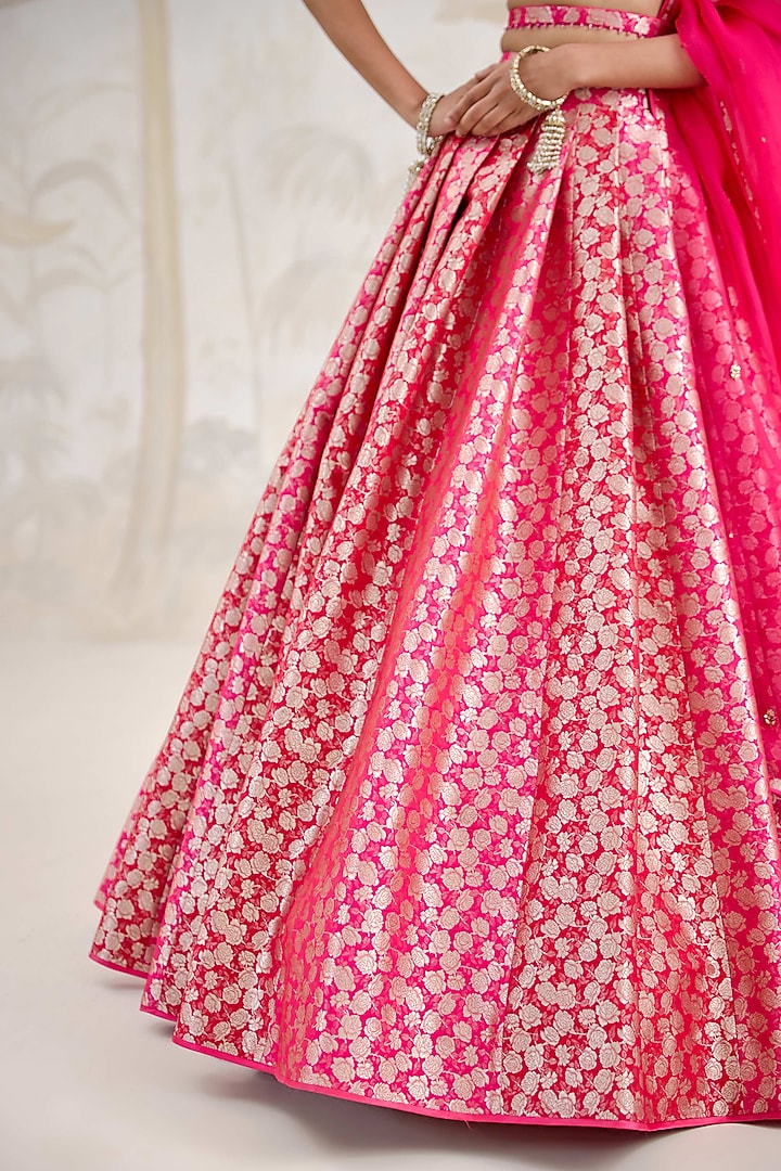 Fuchsia Pink-Red Banarasi Silk Brocade Pleated Wedding Lehenga Set by Shyam Narayan Prasad at Pernia's Pop Up Shop