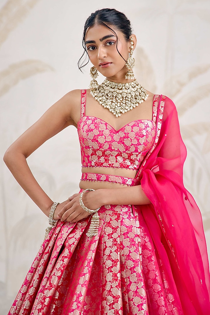 Fuchsia Pink-Red Banarasi Silk Brocade Pleated Wedding Lehenga Set by Shyam Narayan Prasad at Pernia's Pop Up Shop