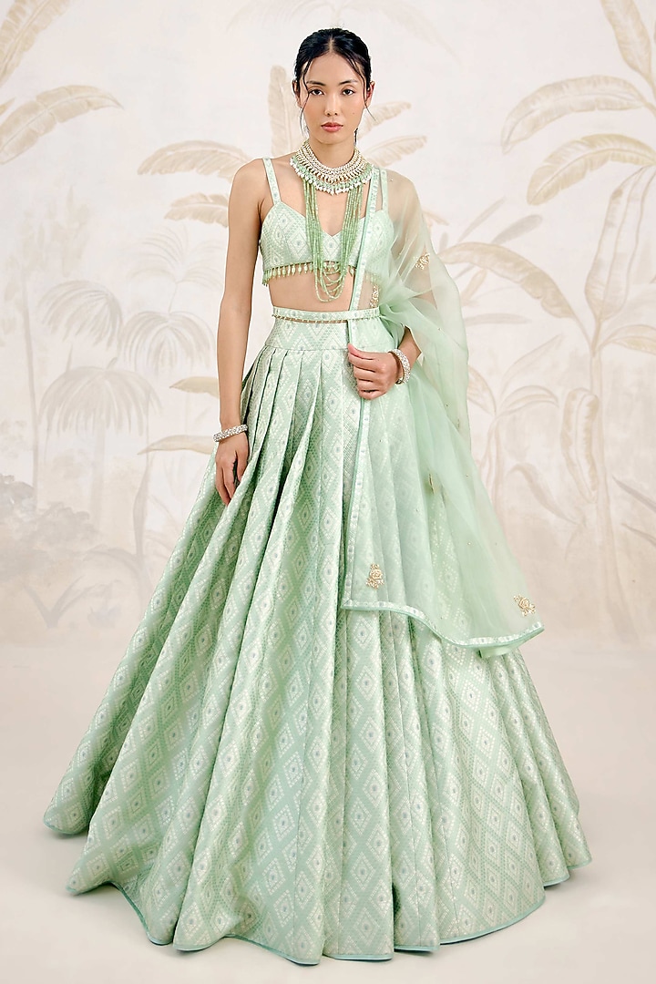 Seacrest Green Banarasi Silk Brocade Pleated Wedding Lehenga Set by Shyam Narayan Prasad at Pernia's Pop Up Shop
