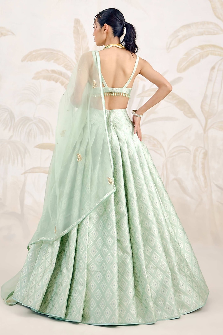 Seacrest Green Banarasi Silk Brocade Pleated Wedding Lehenga Set by Shyam Narayan Prasad at Pernia's Pop Up Shop