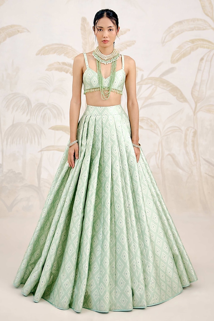 Seacrest Green Banarasi Silk Brocade Pleated Wedding Lehenga Set by Shyam Narayan Prasad at Pernia's Pop Up Shop