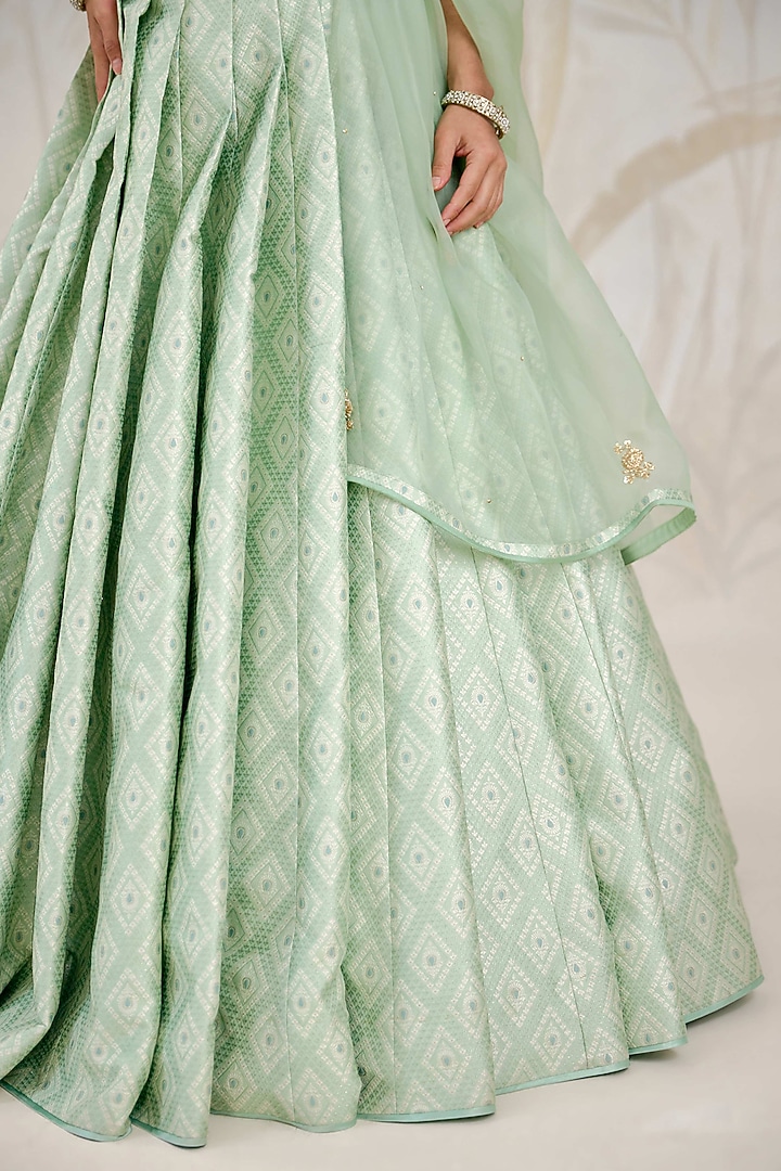 Seacrest Green Banarasi Silk Brocade Pleated Wedding Lehenga Set by Shyam Narayan Prasad at Pernia's Pop Up Shop