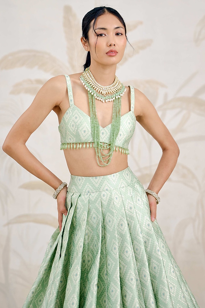Seacrest Green Banarasi Silk Brocade Pleated Wedding Lehenga Set by Shyam Narayan Prasad at Pernia's Pop Up Shop