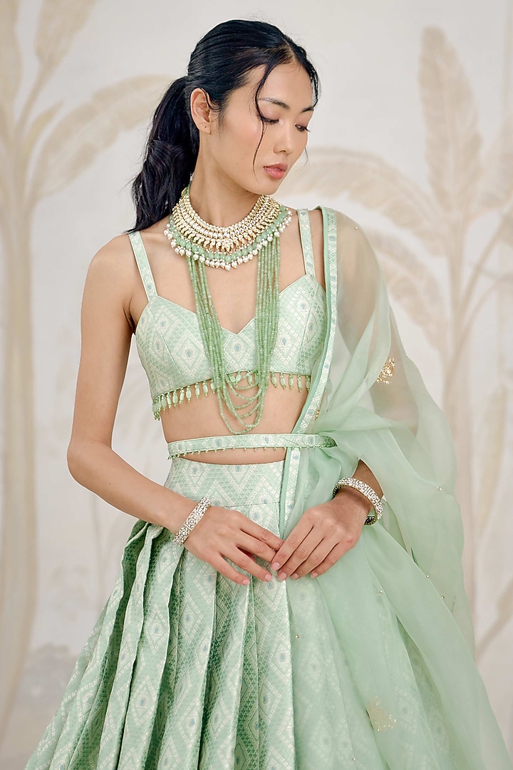 Seacrest Green Banarasi Silk Brocade Pleated Wedding Lehenga Set by Shyam Narayan Prasad at Pernia's Pop Up Shop
