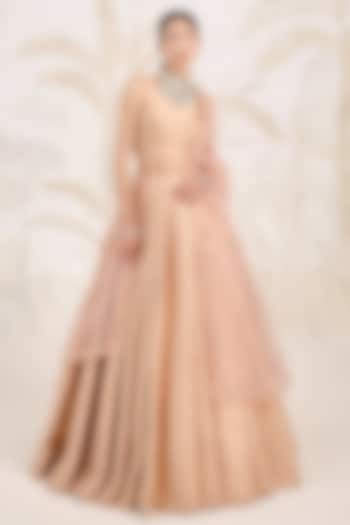 Dusty Coral Banarasi Silk Brocade Pleated Wedding Lehenga Set by Shyam Narayan Prasad at Pernia's Pop Up Shop