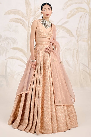 Dusty Coral Banarasi Silk Brocade Pleated Lehenga Set by Shyam Narayan Prasad