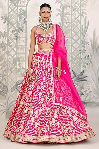 Fuchsia Pink Raw Silk Zari Embroidered Lehenga Set by Shyam Narayan Prasad