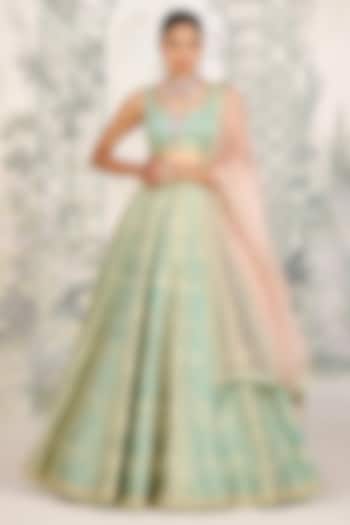 Green & Blue Raw Silk Zari Embroidered Wedding Lehenga Set by Shyam Narayan Prasad at Pernia's Pop Up Shop