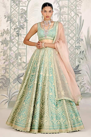 Green & Blue Raw Silk Zari Embroidered Lehenga Set by Shyam Narayan Prasad