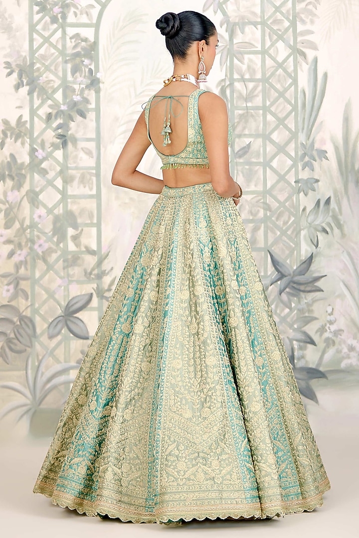 Green & Blue Raw Silk Zari Embroidered Wedding Lehenga Set by Shyam Narayan Prasad at Pernia's Pop Up Shop