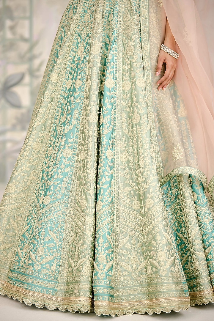 Green & Blue Raw Silk Zari Embroidered Wedding Lehenga Set by Shyam Narayan Prasad at Pernia's Pop Up Shop