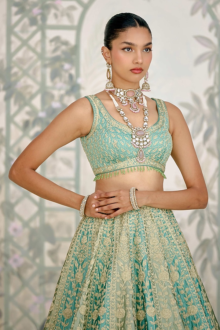 Green & Blue Raw Silk Zari Embroidered Wedding Lehenga Set by Shyam Narayan Prasad at Pernia's Pop Up Shop