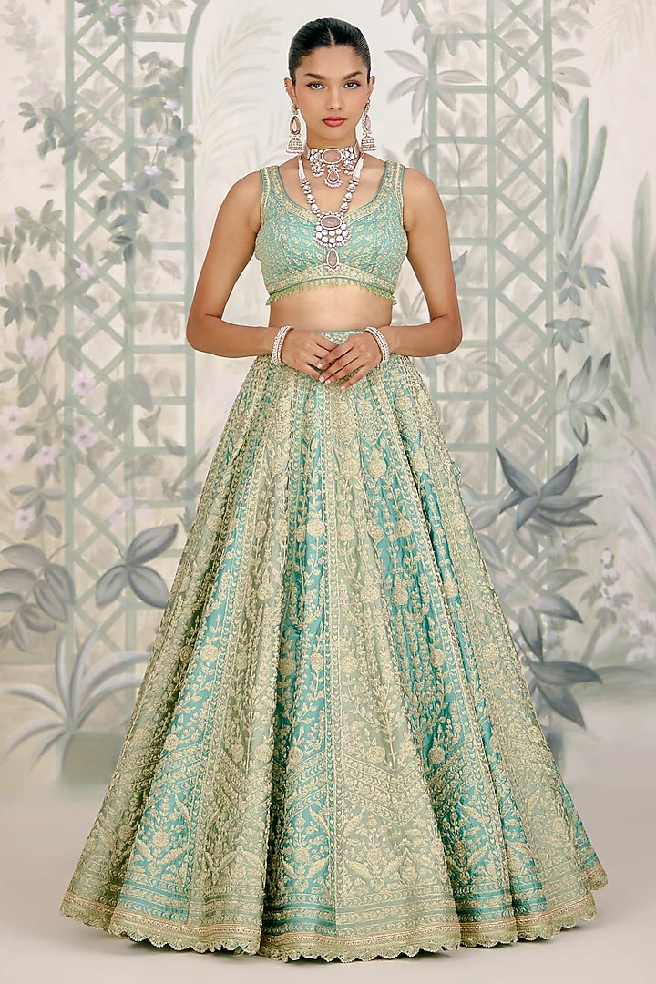 Green & Blue Raw Silk Zari Embroidered Wedding Lehenga Set by Shyam Narayan Prasad at Pernia's Pop Up Shop
