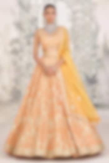 Marigold Orange Raw Silk Zari Embroidered Wedding Lehenga Set by Shyam Narayan Prasad at Pernia's Pop Up Shop