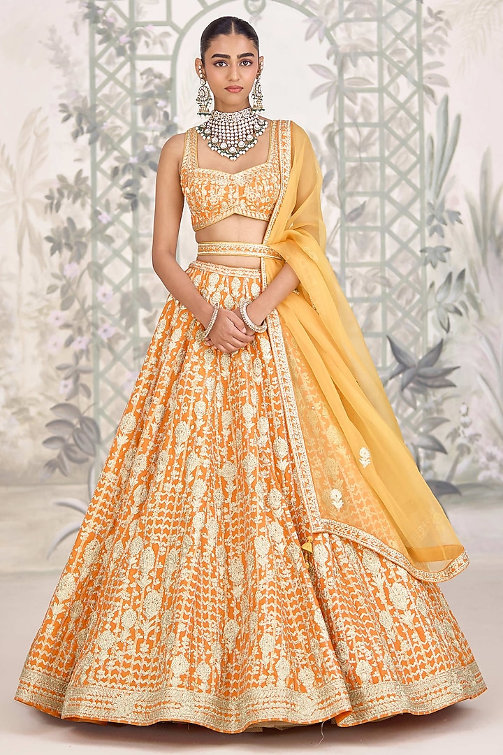 Marigold Orange Raw Silk Zari Embroidered Wedding Lehenga Set by Shyam Narayan Prasad at Pernia's Pop Up Shop