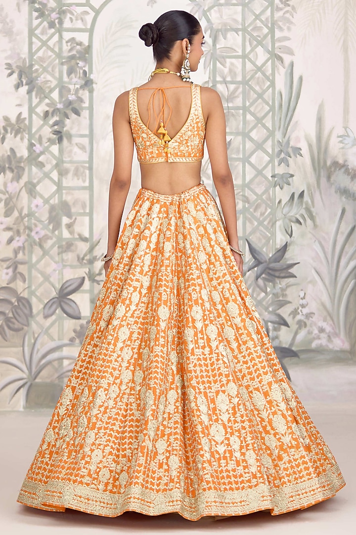 Marigold Orange Raw Silk Zari Embroidered Wedding Lehenga Set by Shyam Narayan Prasad at Pernia's Pop Up Shop