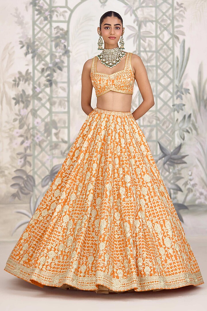 Marigold Orange Raw Silk Zari Embroidered Wedding Lehenga Set by Shyam Narayan Prasad at Pernia's Pop Up Shop