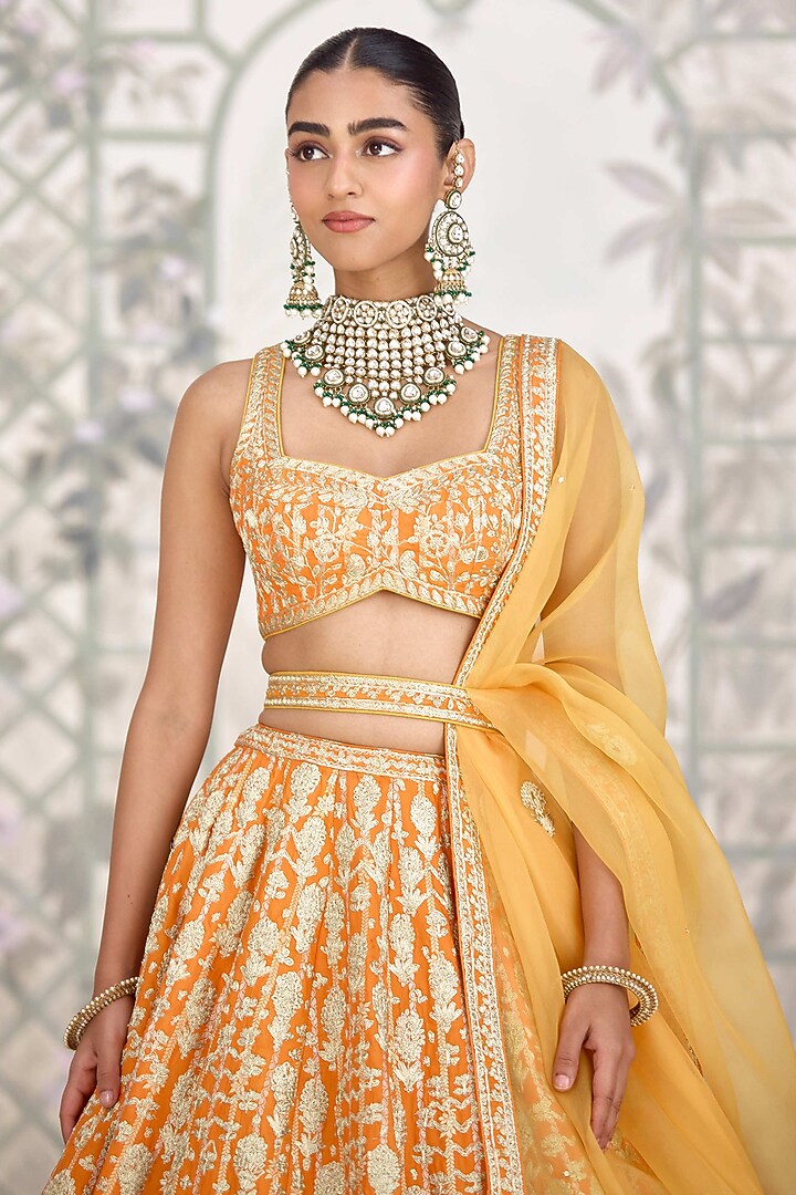 Marigold Orange Raw Silk Zari Embroidered Wedding Lehenga Set by Shyam Narayan Prasad at Pernia's Pop Up Shop