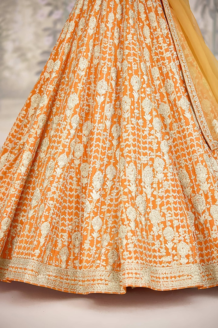 Marigold Orange Raw Silk Zari Embroidered Wedding Lehenga Set by Shyam Narayan Prasad at Pernia's Pop Up Shop