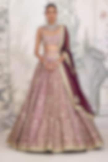 Wine Maroon Raw Silk Zari Embroidered Wedding Lehenga Set by Shyam Narayan Prasad at Pernia's Pop Up Shop