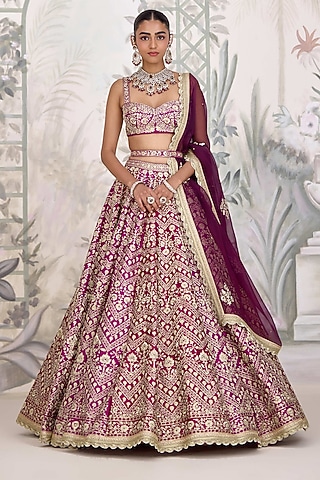 Wine Maroon Raw Silk Zari Embroidered Lehenga Set by Shyam Narayan Prasad