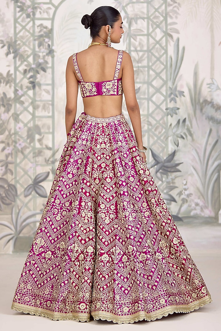Wine Maroon Raw Silk Zari Embroidered Wedding Lehenga Set by Shyam Narayan Prasad at Pernia's Pop Up Shop