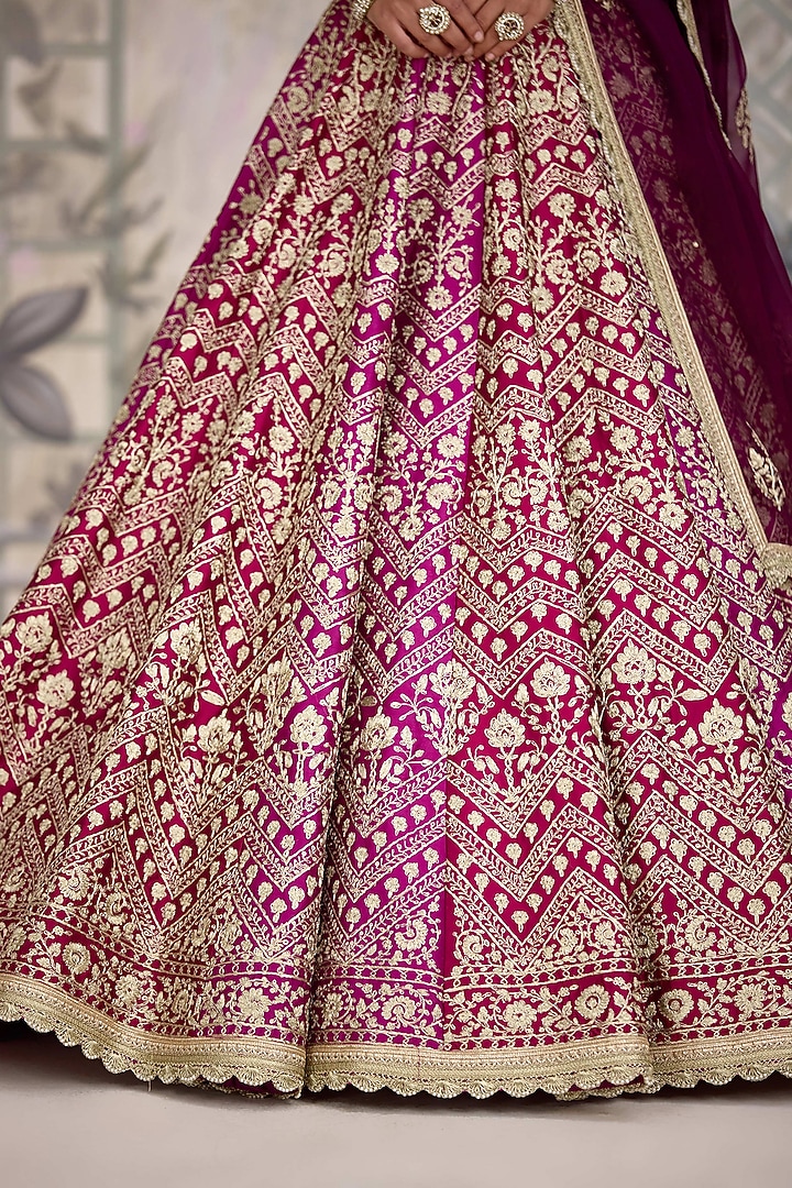 Wine Maroon Raw Silk Zari Embroidered Wedding Lehenga Set by Shyam Narayan Prasad at Pernia's Pop Up Shop