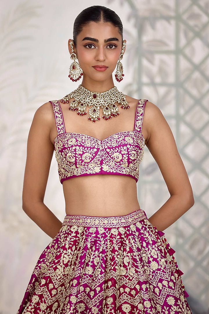 Wine Maroon Raw Silk Zari Embroidered Wedding Lehenga Set by Shyam Narayan Prasad at Pernia's Pop Up Shop