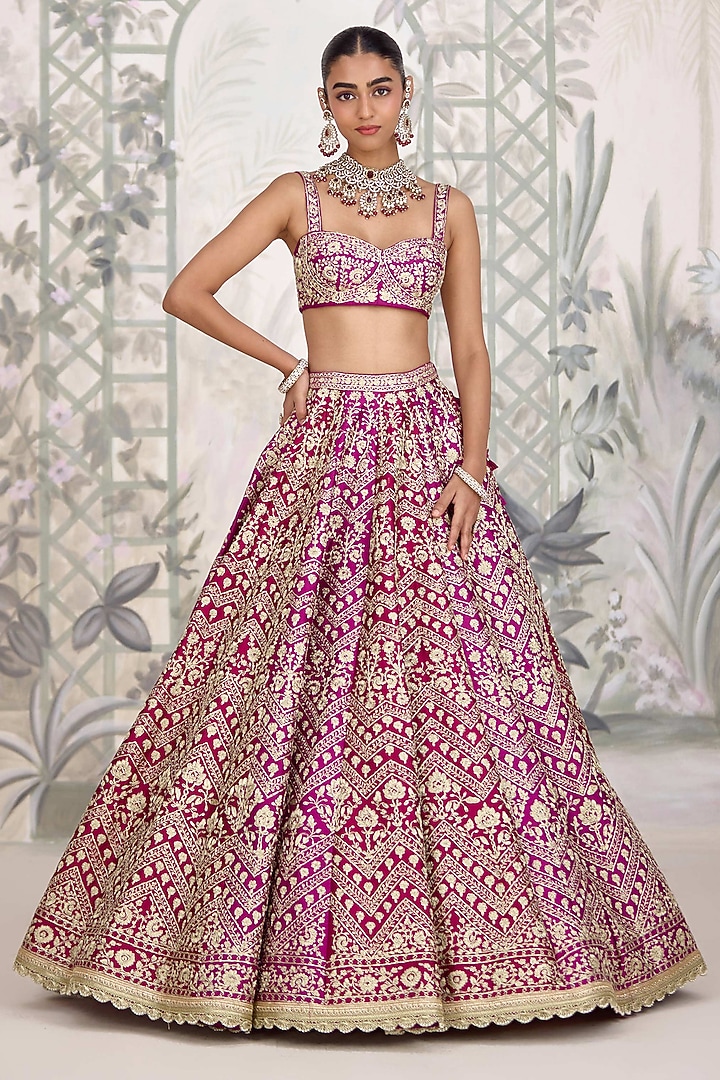 Wine Maroon Raw Silk Zari Embroidered Wedding Lehenga Set by Shyam Narayan Prasad at Pernia's Pop Up Shop