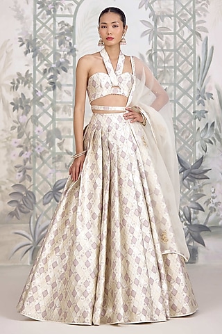 Winter White Banarasi Silk Brocade Embroidered Lehenga Set by Shyam Narayan Prasad