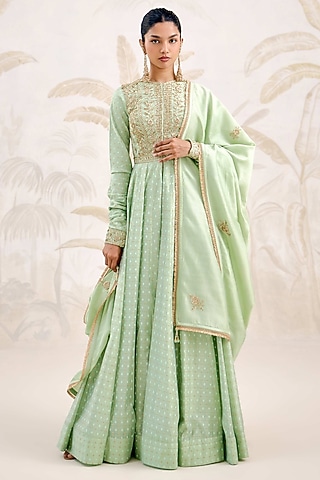 Sea Green Chanderi Brocade Zardosi Embroidered Anarkali Set by Shyam Narayan Prasad