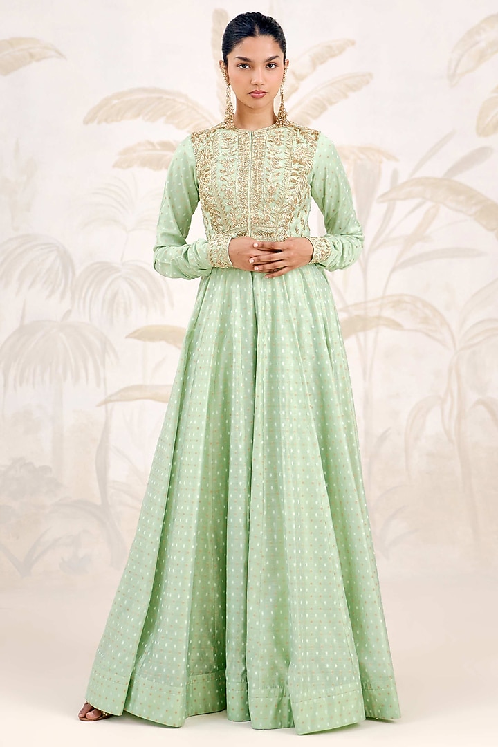 Sea Green Chanderi Brocade Zardosi Embroidered Wedding Anarkali Set by Shyam Narayan Prasad at Pernia's Pop Up Shop