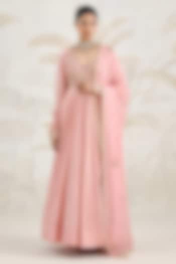 Old Rose Pink Banarasi Georgette Zardosi Embroidered Wedding Anarkali Set by Shyam Narayan Prasad at Pernia's Pop Up Shop