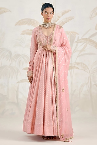 Old Rose Pink Banarasi Georgette Zardosi Embroidered Anarkali Set by Shyam Narayan Prasad