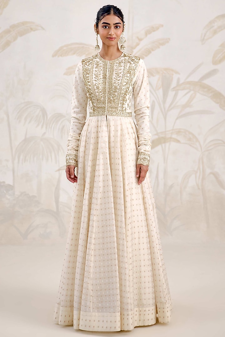 Ivory Chanderi Brocade Zardosi Embroidered Wedding Anarkali Set by Shyam Narayan Prasad at Pernia's Pop Up Shop