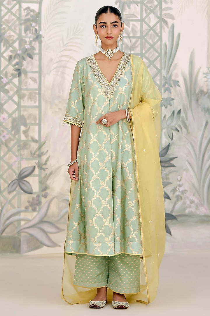 Smoke Green Banarasi Brocade Zardosi Embroidered Kurta Set by Shyam Narayan Prasad at Pernia's Pop Up Shop